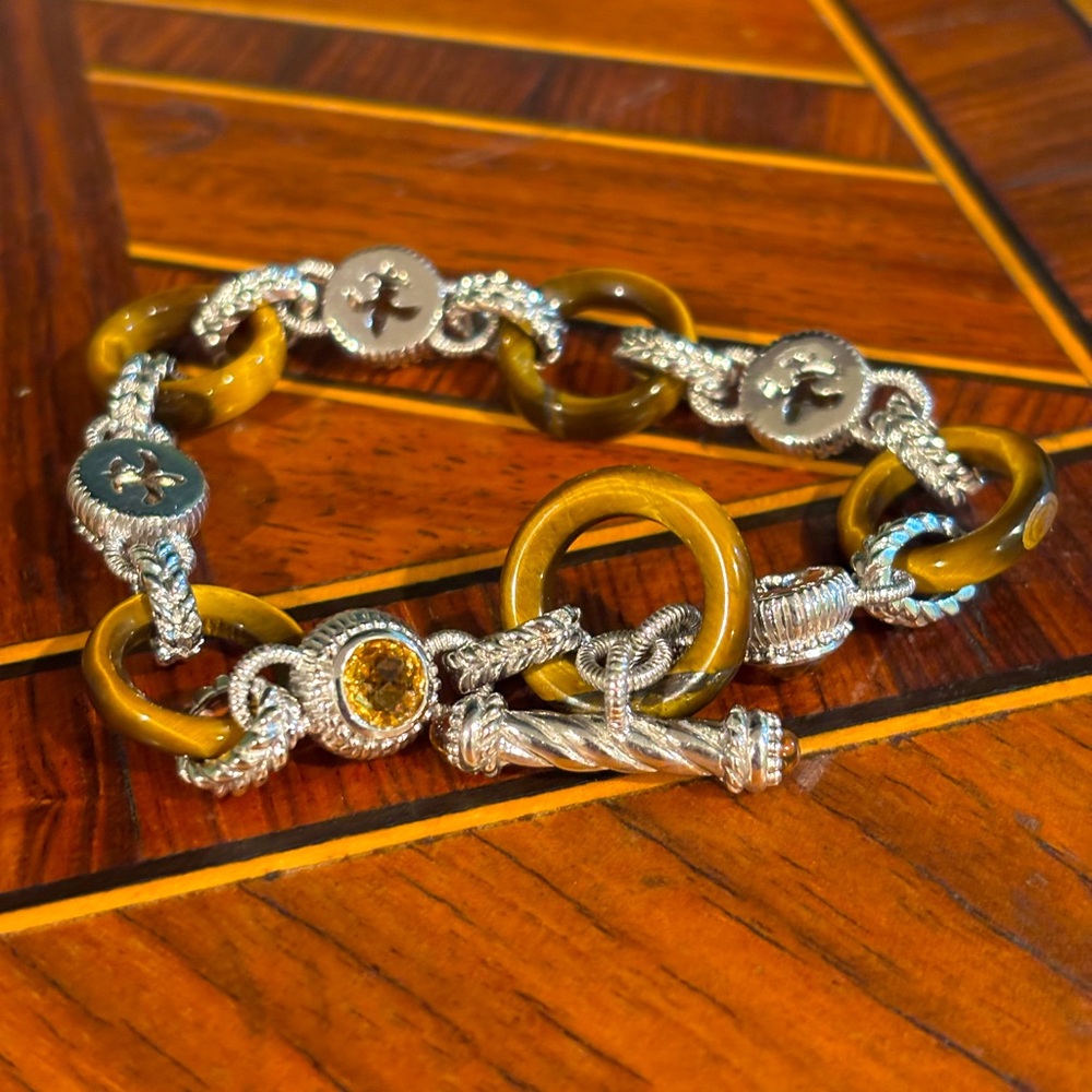 Authentic Judith Ripka Sterling Silver Tigers Eye & Citrine Gems Toggle Bracelet